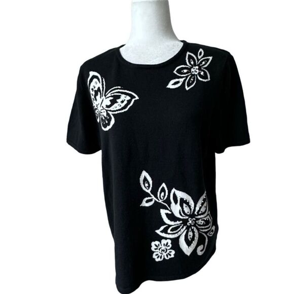 Alfred Dunner Black Top Butterfly Floral Beaded Short Sleeve Shirt SZ S - Picture 1 of 10